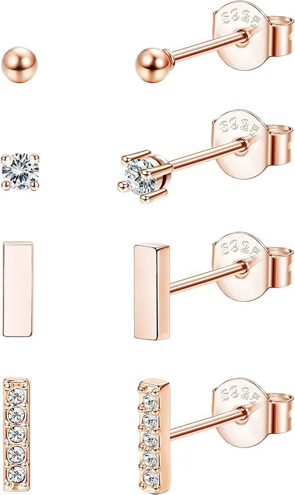 4 Paare kleine Stud Ohrringe für Frauen 925 Sterling Silber CZ Ball Bar Stud Ohrringe kleine Ohrringe Set Geschenke