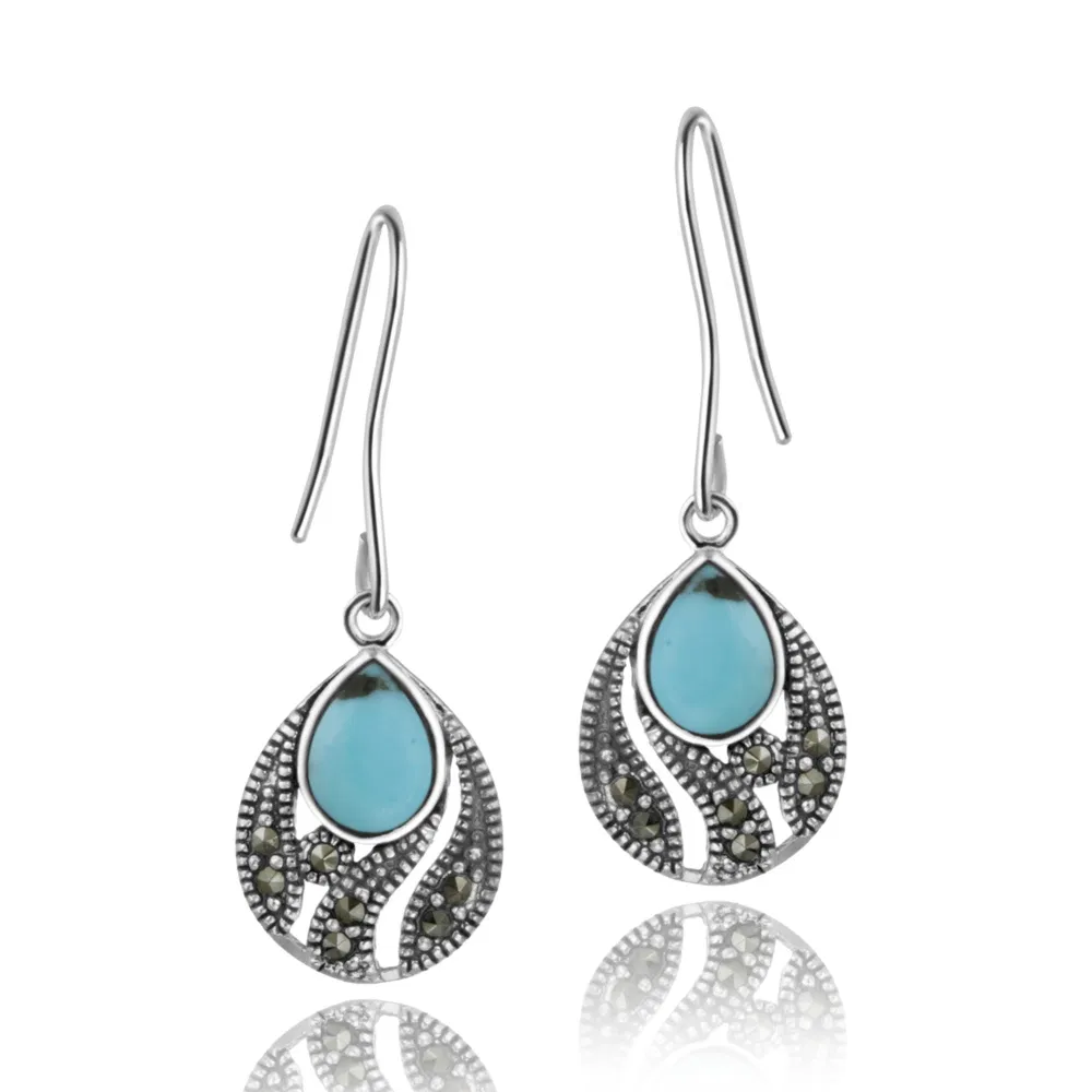 Sterling Silber geschaffen Türkis & Marcasit Teardrop Dangle Ohrringe