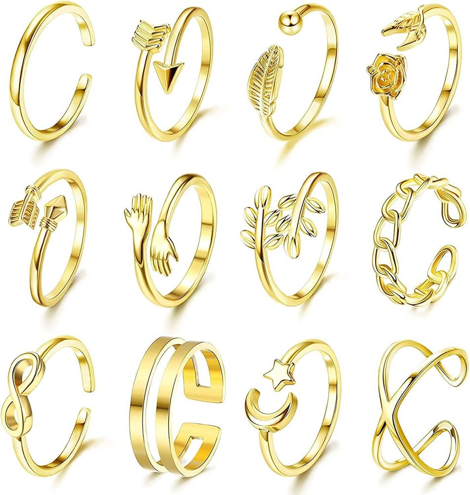 12 Pcs verstellbare Ringe für Frauen Knöchelringe Daumen Rngs Set Rose Moon Star Stackable Ringe Offene Fingerringe Set für Frauen Teenager Mädchen Größe 7