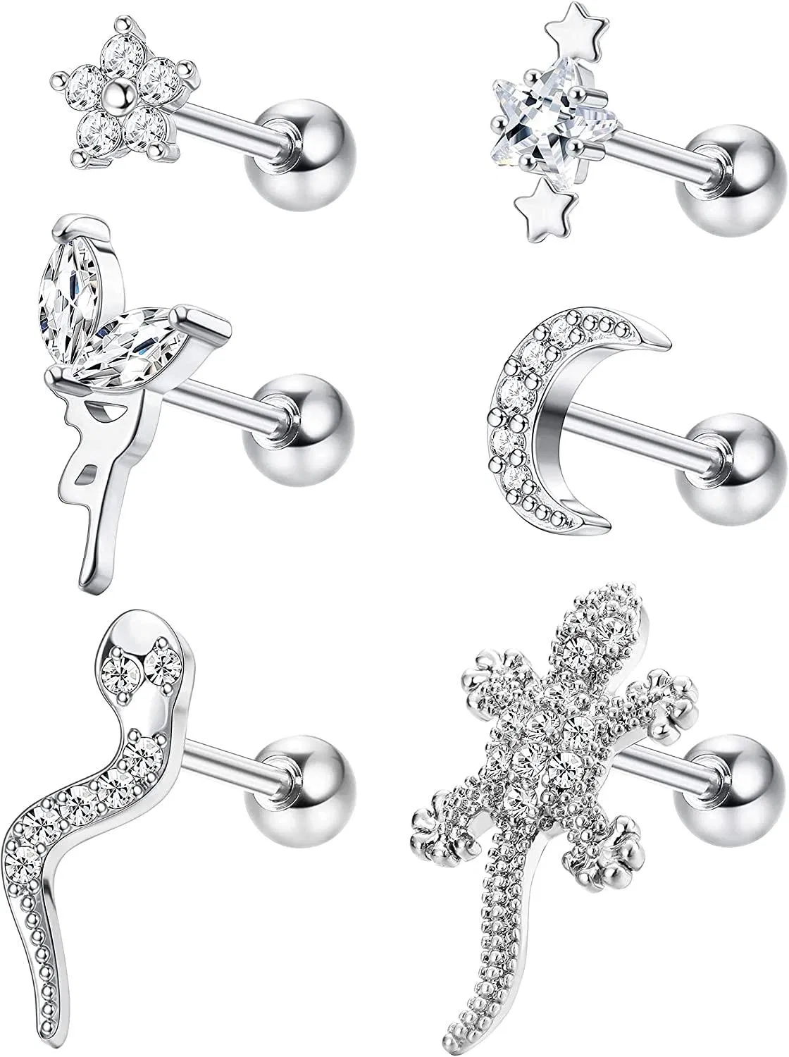 6PCS 16G Knorpel-Stapel - Ohrringe für Frauen Edelstahl CZ Blume Mond Stern Schlange Knorpel-Ohrringe Conch Helix Tragus Piercings
