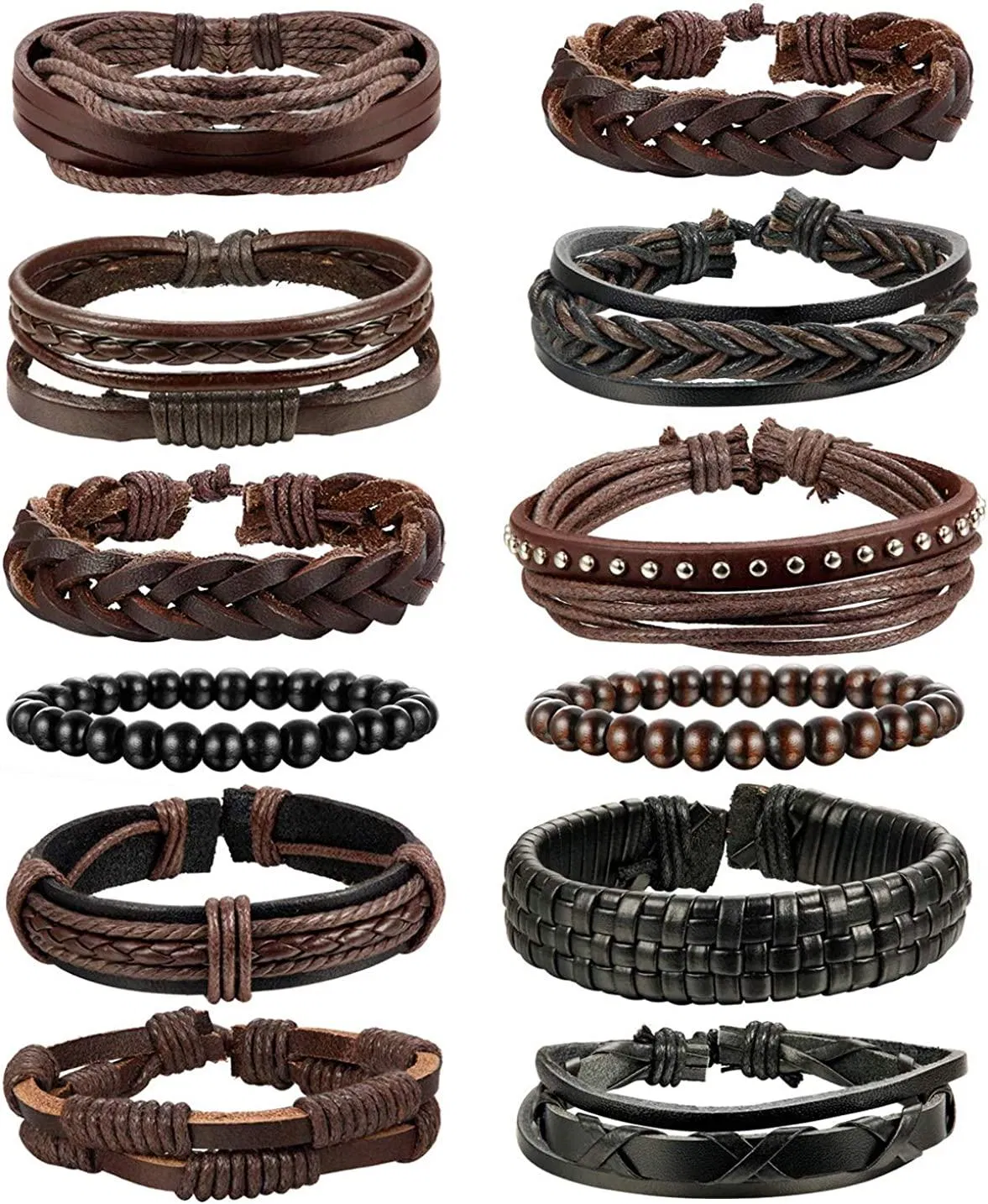 12 Pcs Gewebtes Lederarmband für Männer Frauen Cool Leder Handgelenk Cuff Armbänder einstellbar
