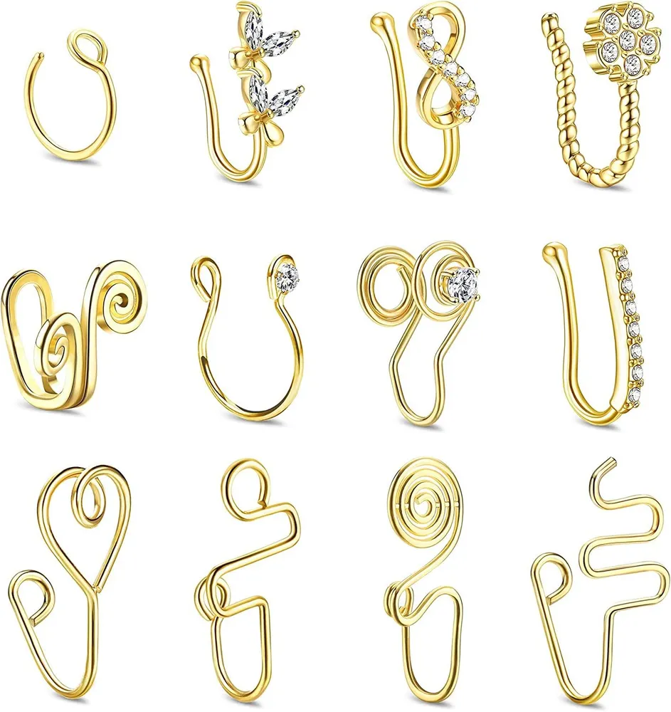 12pcs African Nose Cuff Non Piercing; 14k Gold Plated Fake Nose Rings Hoop; Clip On Nose Ring für Frauen Männer; Nasenring Cuffs Set; CZ Butterfly InfinityFake Nose Cuff Hypoallergen