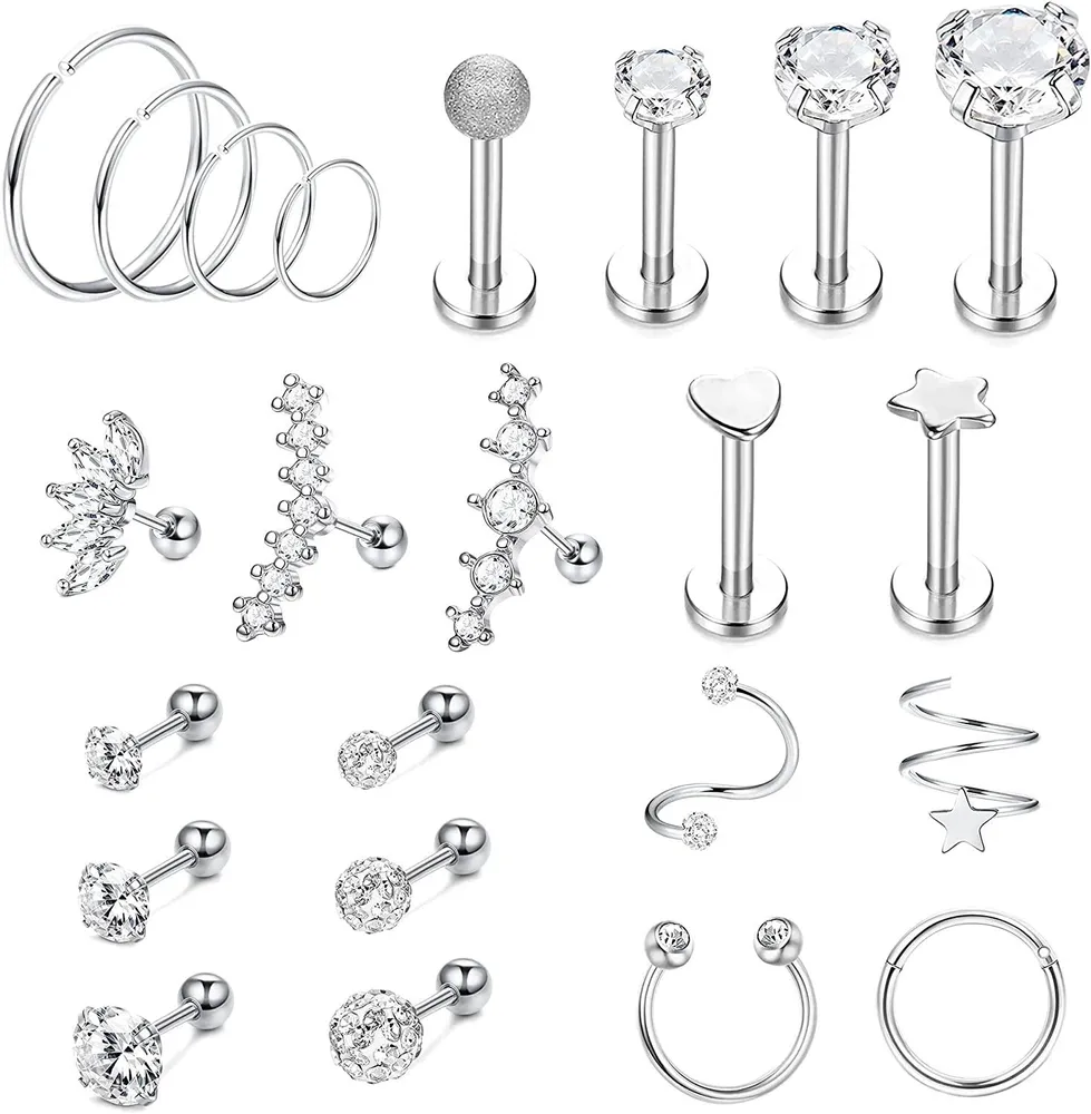 23pcs Knorpel Ohrringe Hoop Studs für Frauen Männer Rook Daith Conch Tragus Helix Ohrringe Stern Herz Ball CZ Blumen Edelstahl Knorpel Piercing Schmuck