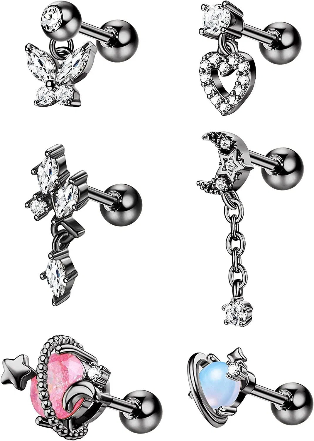 6pcs 16G 316L Edelknorpel Ohrringe Dangle Helix Knorpel Tragus Ohrringe Studs Mond Schmetterling Herz Saturn Ohr Piercing für Frauen Männer