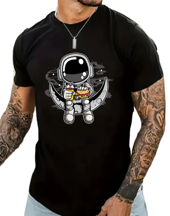 Cartoon Astronaut Muster T-Shirt, Sommer Männer Casual Street Style Elastic Round Neck T-Shirt