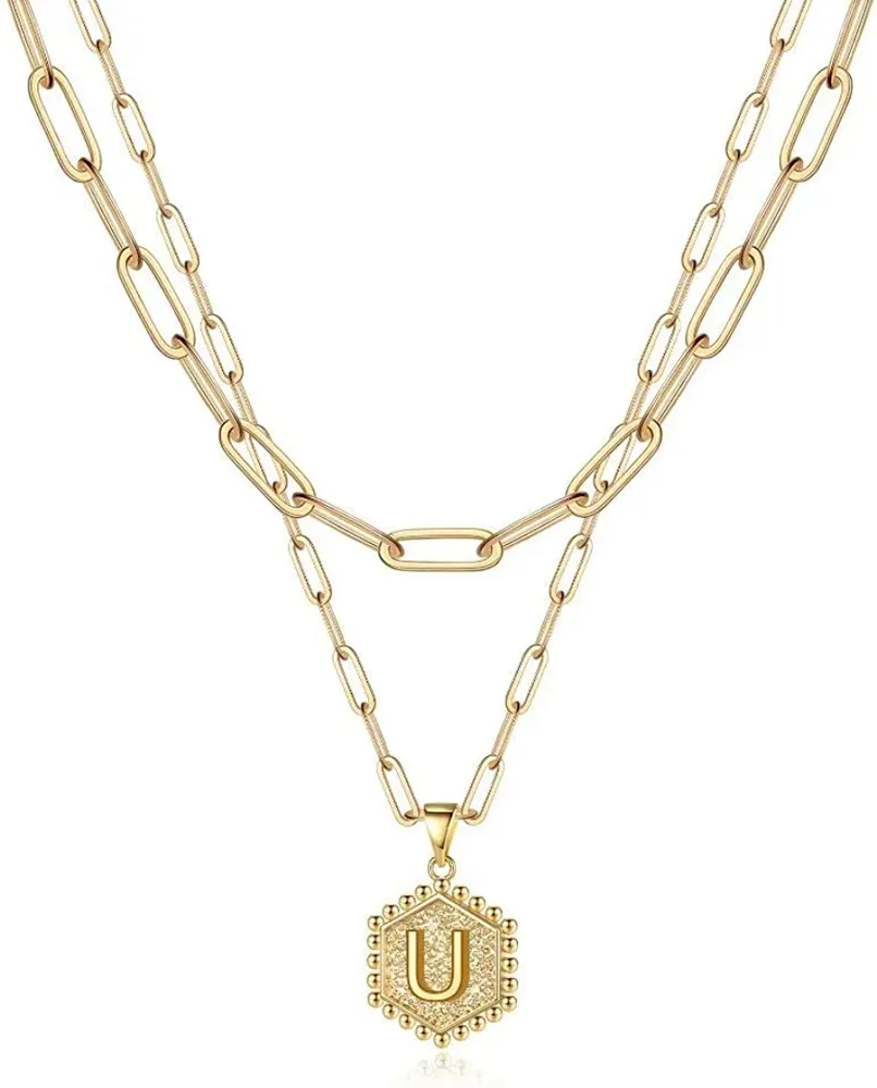 Dainty Layered Initial Halskette für Frauen, 14K Gold Plated Paperclip Chain Kette Einfache süße Sechseck Brief Anhänger Initial Choker Kette Gold Layered Halskette für Frauen