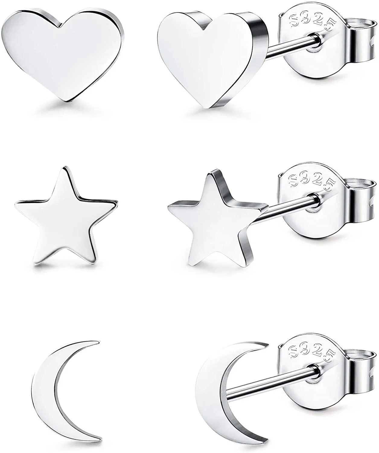 3 Paare 925 Sterling Silber Stud Ohrringe Tiny Moon Star Herz Plain Silber Stud Ohrringe Set für Frauen