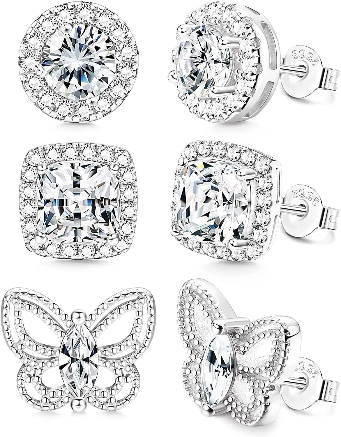 3Paare 925 Sterling Stud Ohrringe Set für Frauen Mädchen Kubik Zirkonia Brilliant Round Square Butterfly Faux Diamond Halo Ohrringe für Braute Brautjungfer Hochzeit