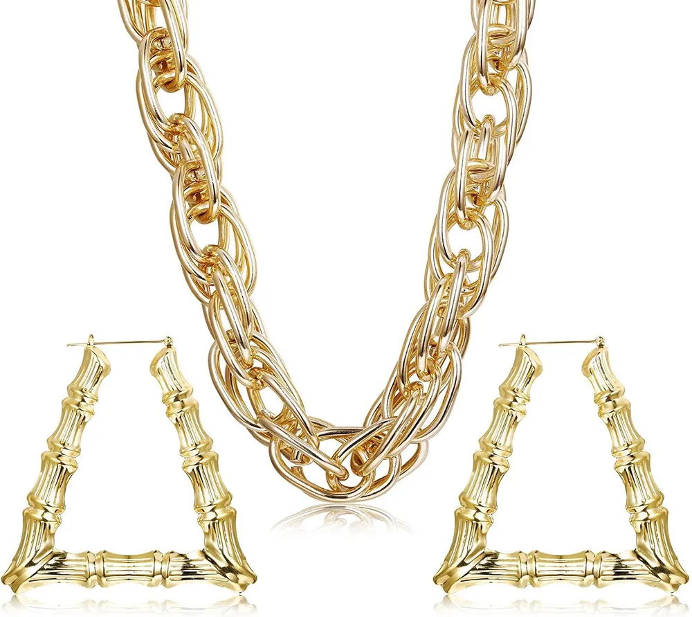 Goldplated Chunky Rope Chain Halskette und große Hohl-Gieß Dreieck Bambus Hoop Ohrringe Set für Männer Frauen Punk Hip Hop Kostüm Kit 80er / 90er Rapper Accessoires