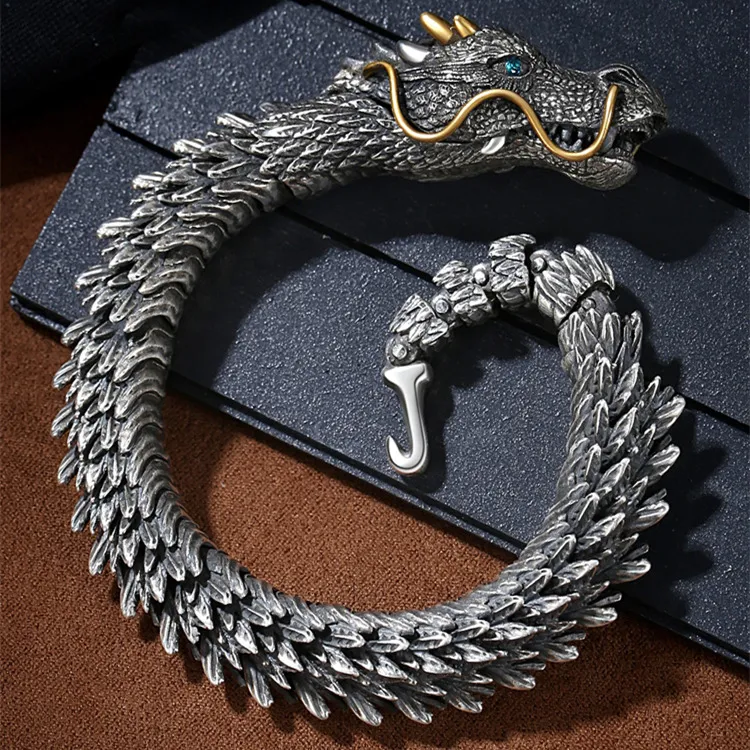 Pure Tibetan Silver Dragon Head Dominating Armband Männer Retro