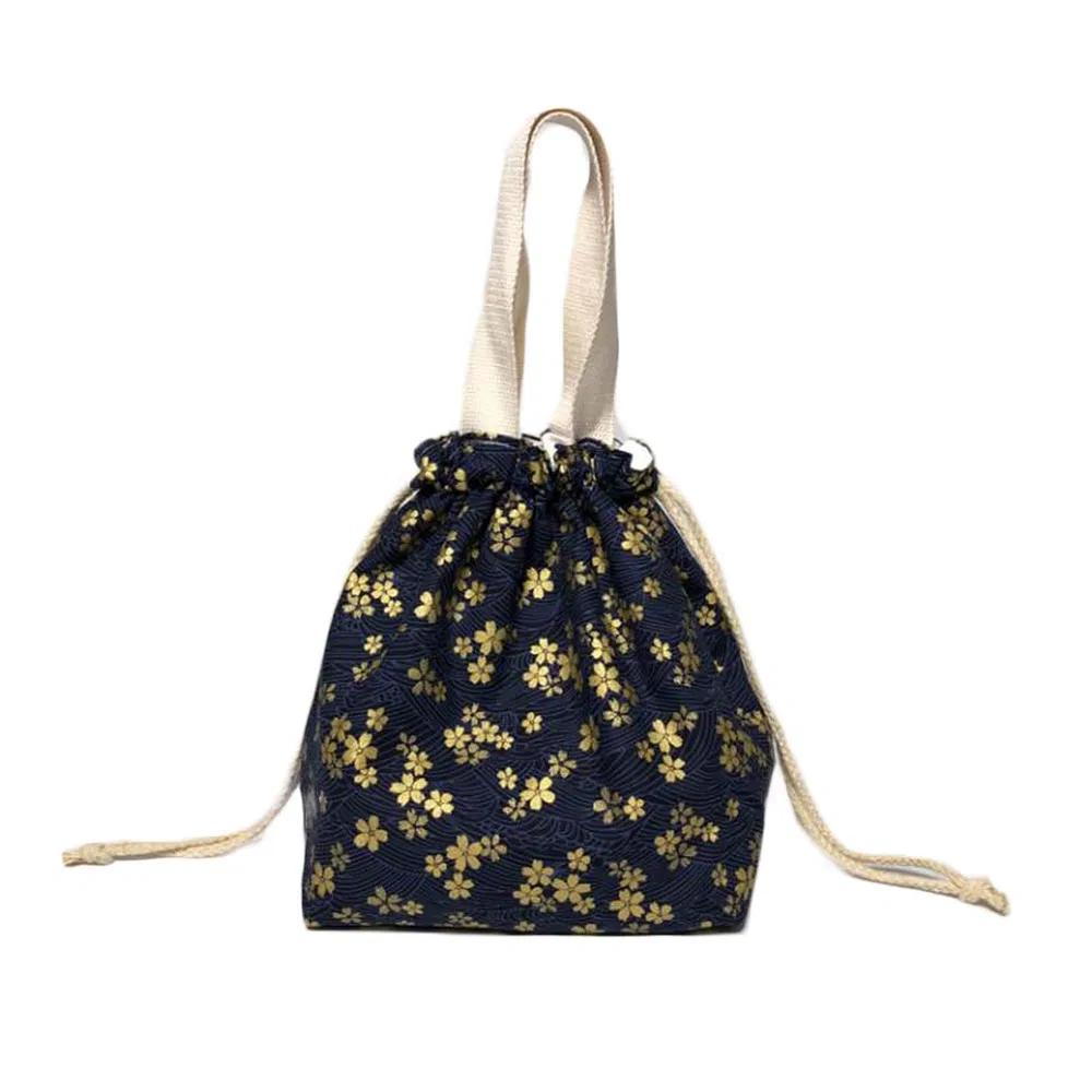 Japanischer Stil süße Mittagessenbox Bento Tasche Navy Blue Gold Blumen Drawstring Canvas Mittagessen Tasche große Kapazität Mittagessen Tote Tasche