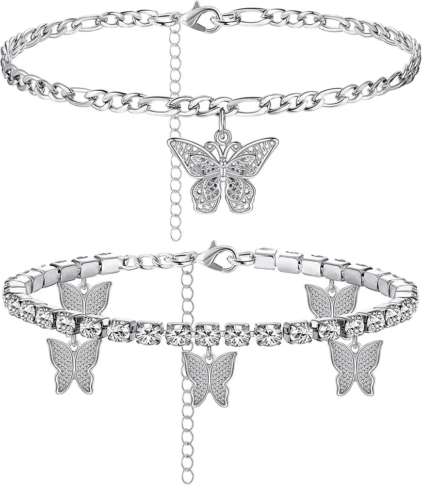 Schmetterling Knöchel Armbänder für Frauen Boho Strand Charms Rhinestone Tennis Ankleber Edelstahlschicht verstellbare Kette Ankleber Fuß 2 - 3pcs