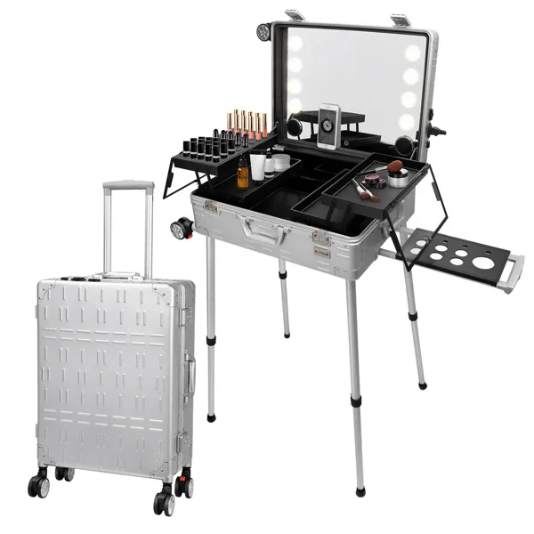 Makeup Train Case mit Spiegel und Lichten, Freistehende tragbare Vanity Station w / Räder und Lautsprecher, professionelle rollende Kosmetikwagen Organizer Travel Case