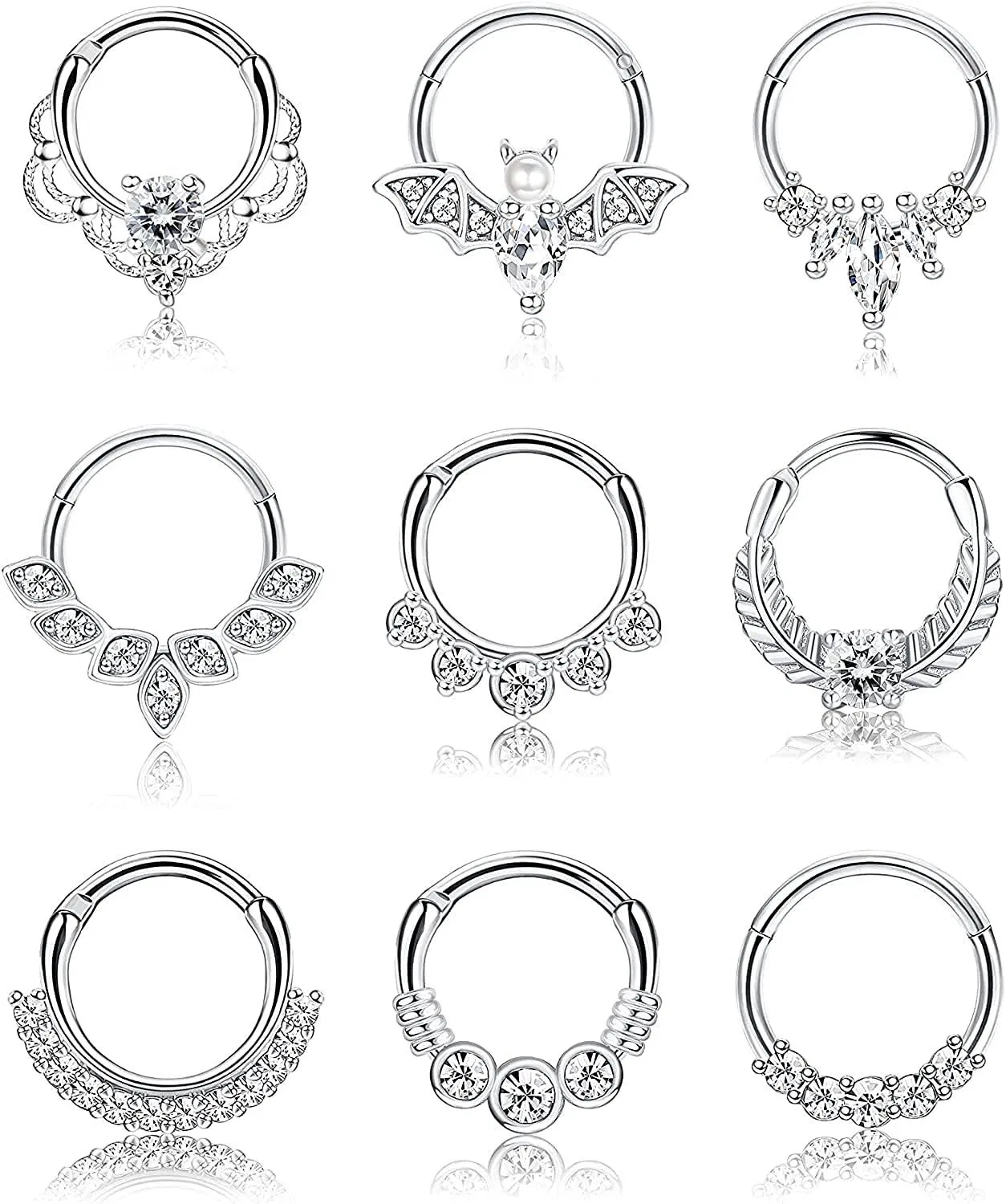 9PCS 16G Septum Clicker Ring Edelstahl Fledermaus CZ Nasenring Schleife Tragus Helix Knorpel Daith Hoop Ohrringe Scharnier Segment Clicker Ring Ohr Nasen Muschel Piercing 8MM 10MM