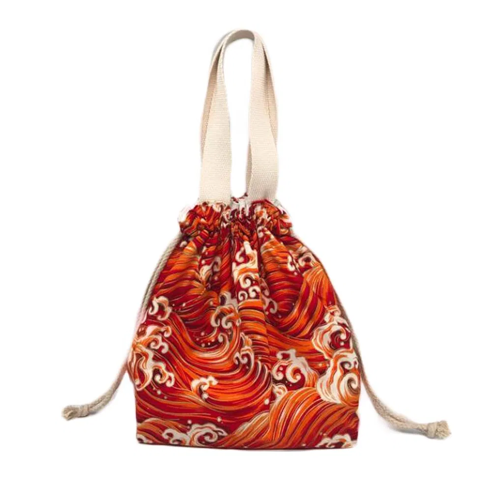 Japanischer Stil süße Mittagessen-Box Bento Tasche Zeichnung Leinwand Mittagessen-Tasche Rotes Meer Welle große Kapazität Mittagessen Tote Tasche