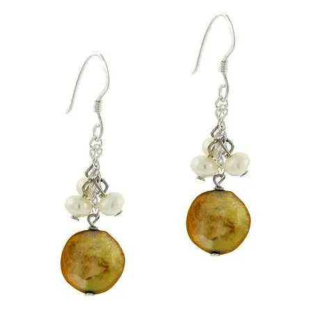 Sterling Silber .925 Iridescent Champagner & Weiß Echtes Frischwasser-Kultivierte Münze Perle Dangle Rolo Link Round Dangle Hook Chain Cluster Ohrringe