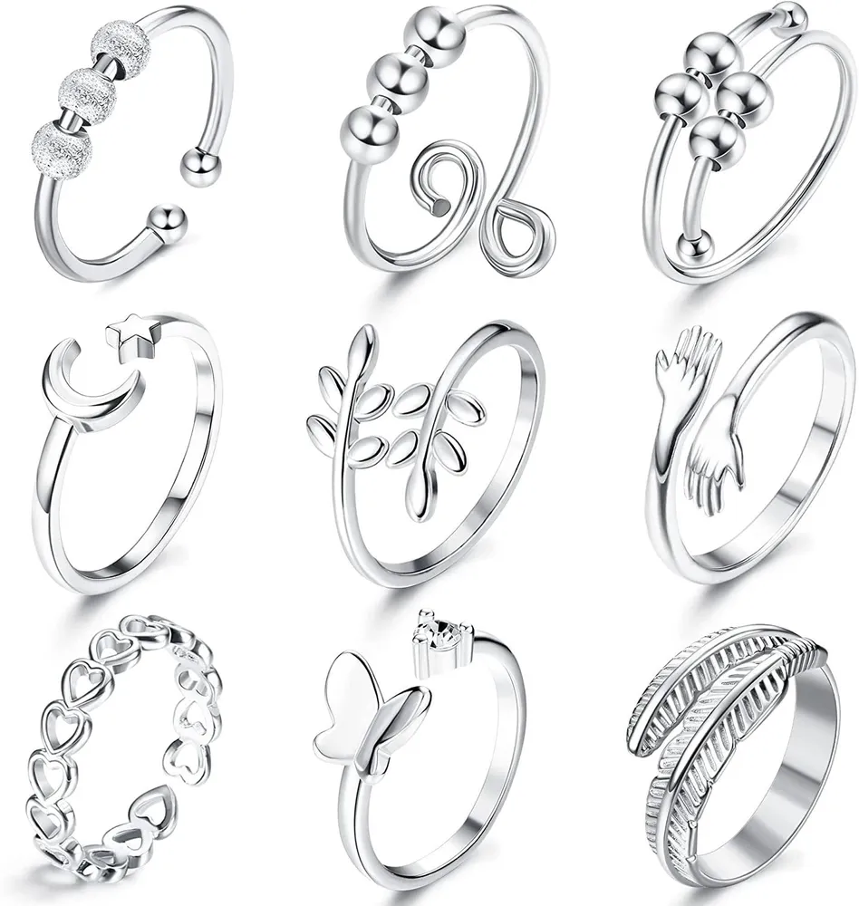 16Pcs verstellbare Silberringe für Frauen Minimalist Herzfedern Blätter Knoten Hug Stackable Ringe Set Offene Daumenringe für Frauen Mädchen Größe 7