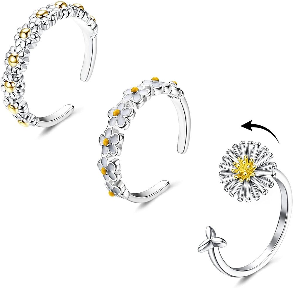 3pcs Fidget Angst Ringe Sonnenblumen Spinner Ring Kleiner Daisy Ring Tiny Dinty Flower Ring Stacking Verstellbare Öffnung Spinner Ring Casual Alltag Ring Frauen Mädchen Größe 7