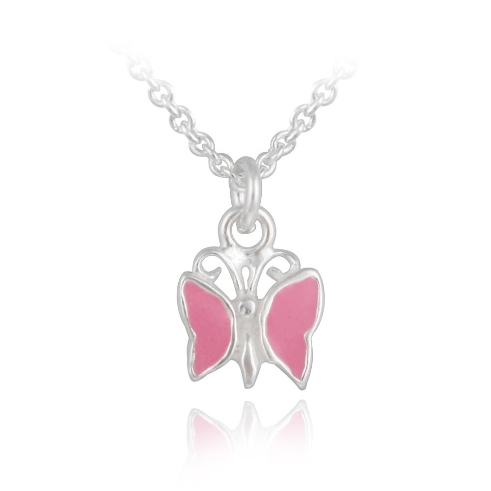 Sterling Silber Pink Enamel Schmetterling Mädchen Halskette