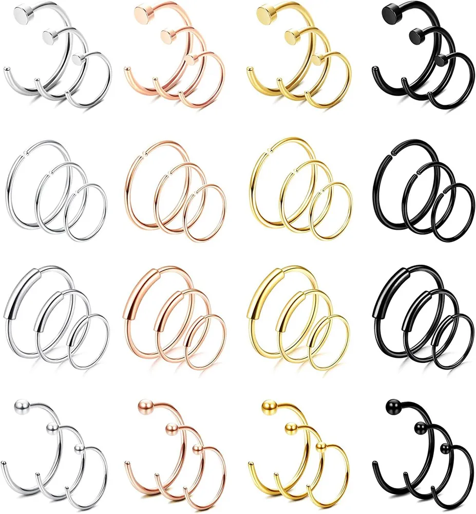 48 Stück 20G Edelstahl Nasenringe C-Form Nasenschreifen für Männer Frauen Flat Ball Infinity Lippen Nasen Piercings Knorpel Tragus Helix Ohr Piercing Set