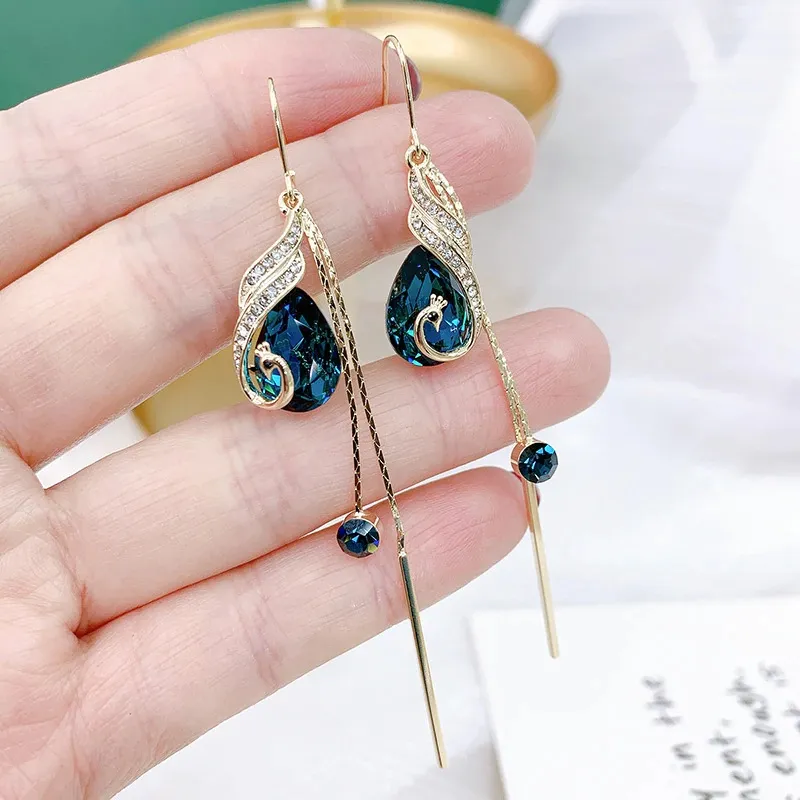Elegante Retro Pfauen Kristall Ohrringe Tassel lange Braut Ohrringe Schmuck Geschenk