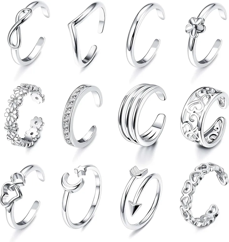 12pcs verstellbare Zehenringe für Frauen offene Zehenringe Set Pfeil Blumenknoten Herz CZ Zehenring Schwanz Ring Geschenke Set hypoallergen Sommer Strand Fuß