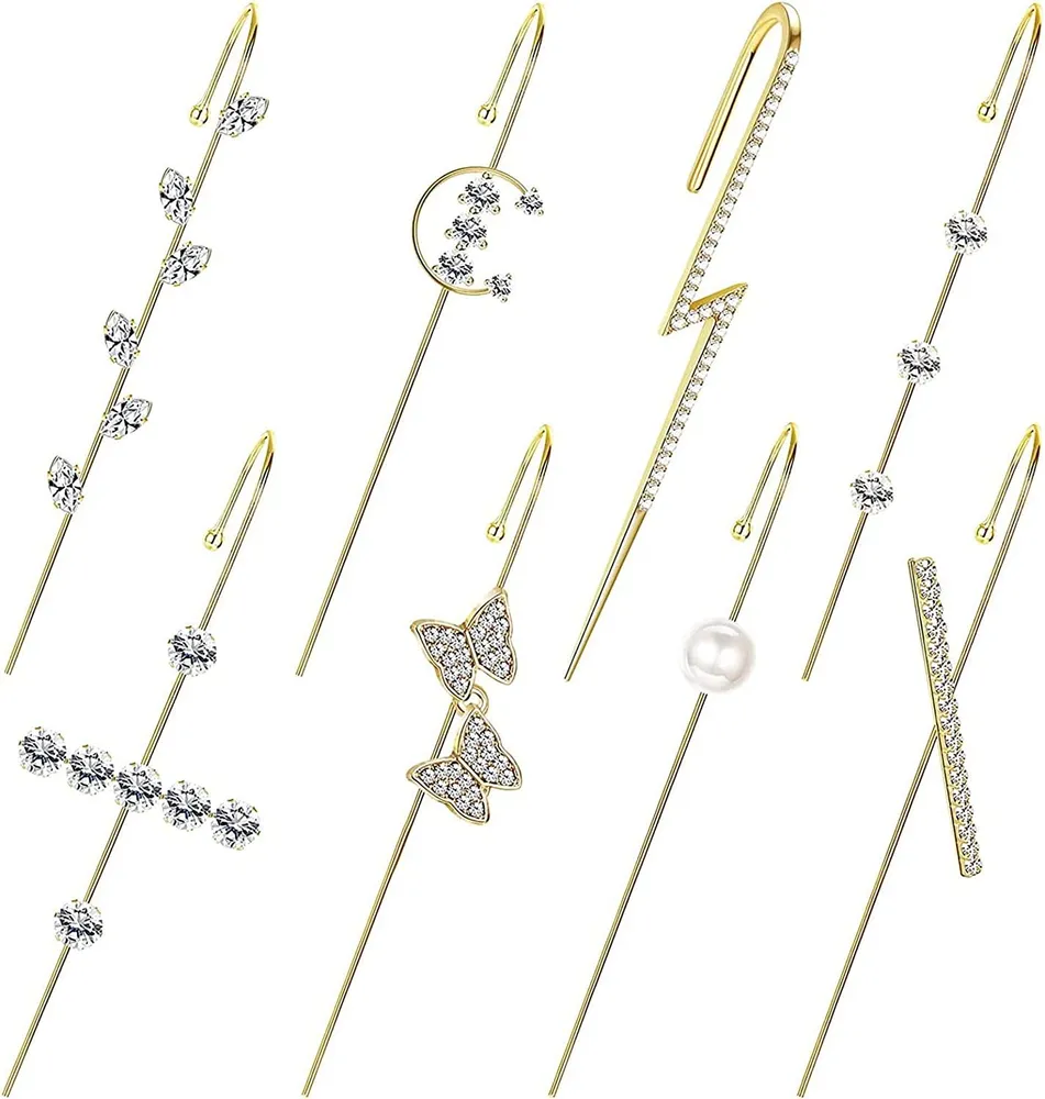 8 Pcs Ohr Manschette Crawler Hook Ohrringe Piercing Gold Silber Perle Kubik Zirkonia Rhinestone Hoop Ohrringe Hook Ohrringe für Frauen Mädchen