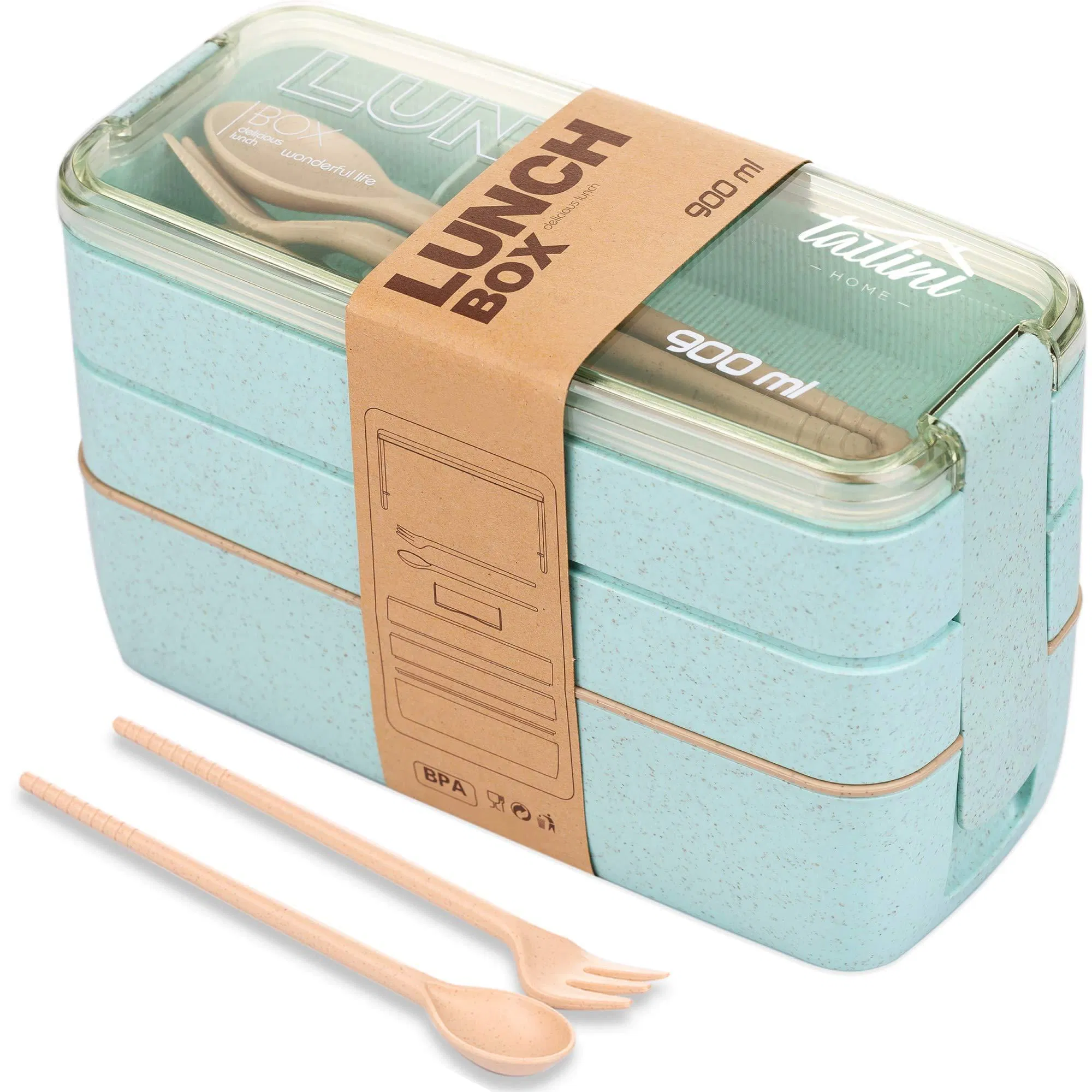 Grüne Mittagessenboxen für Erwachsene mit Plastik Silberware Bento Box Set mit Teilen Stäbchen Lebensmittellager japanische Mittagessencontainer Mikrowelle Geschirrspülmaschine Safe Bento Boxes für Erwachsene