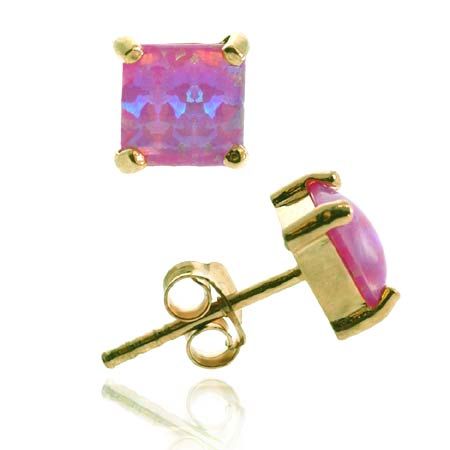 18 Karat Gold über Sterling Silber geschaffen rosa Opal 6mm Quadrat-Stap Ohrringe