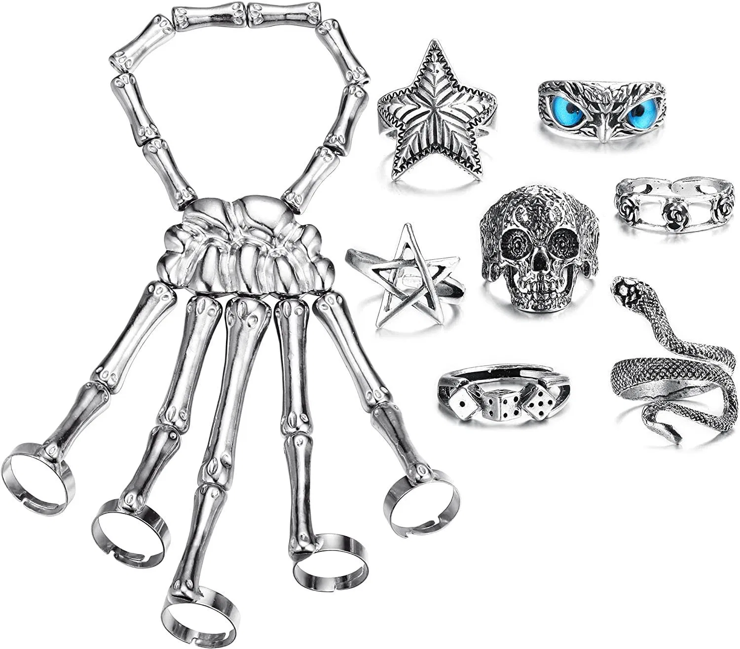 8 Stück Vintage Punk Ringe für Männer Frauen Halloween Schädel Hand Armband mit Ring Armband Schädel Finger verstellbare Aussage Stacking Ringe Halloween Set