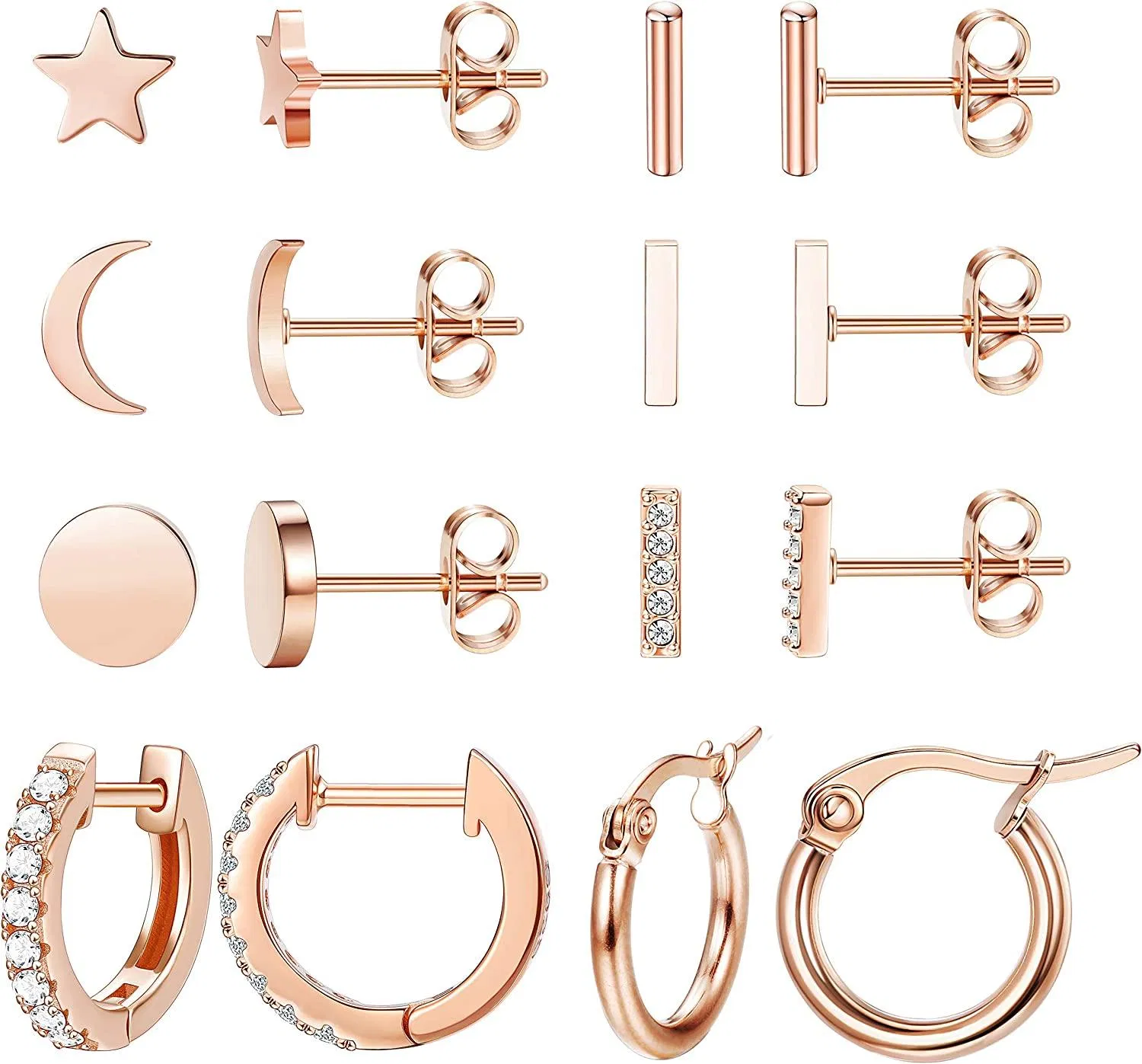 8 Paare Rostless Star Moon Stud Ohrringe für Frauen Cute Bar CZ Rose Gold Stud Hoop Ohrring Set