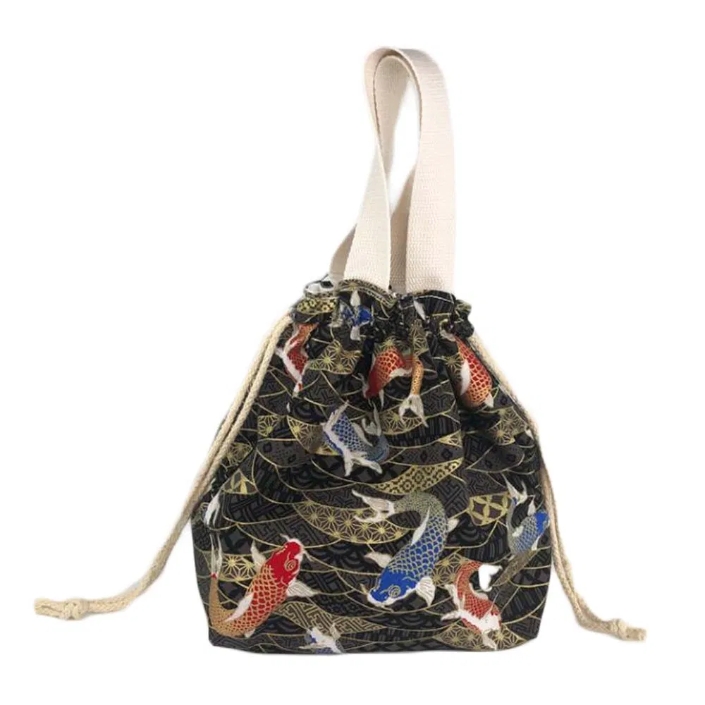 Schwarzer Karpfen japanischer Stil Drawstring Canvas Mittagessen Tasche süße Mittagessen Box Bento Tasche große Kapazität Mittagessen Tote Tasche