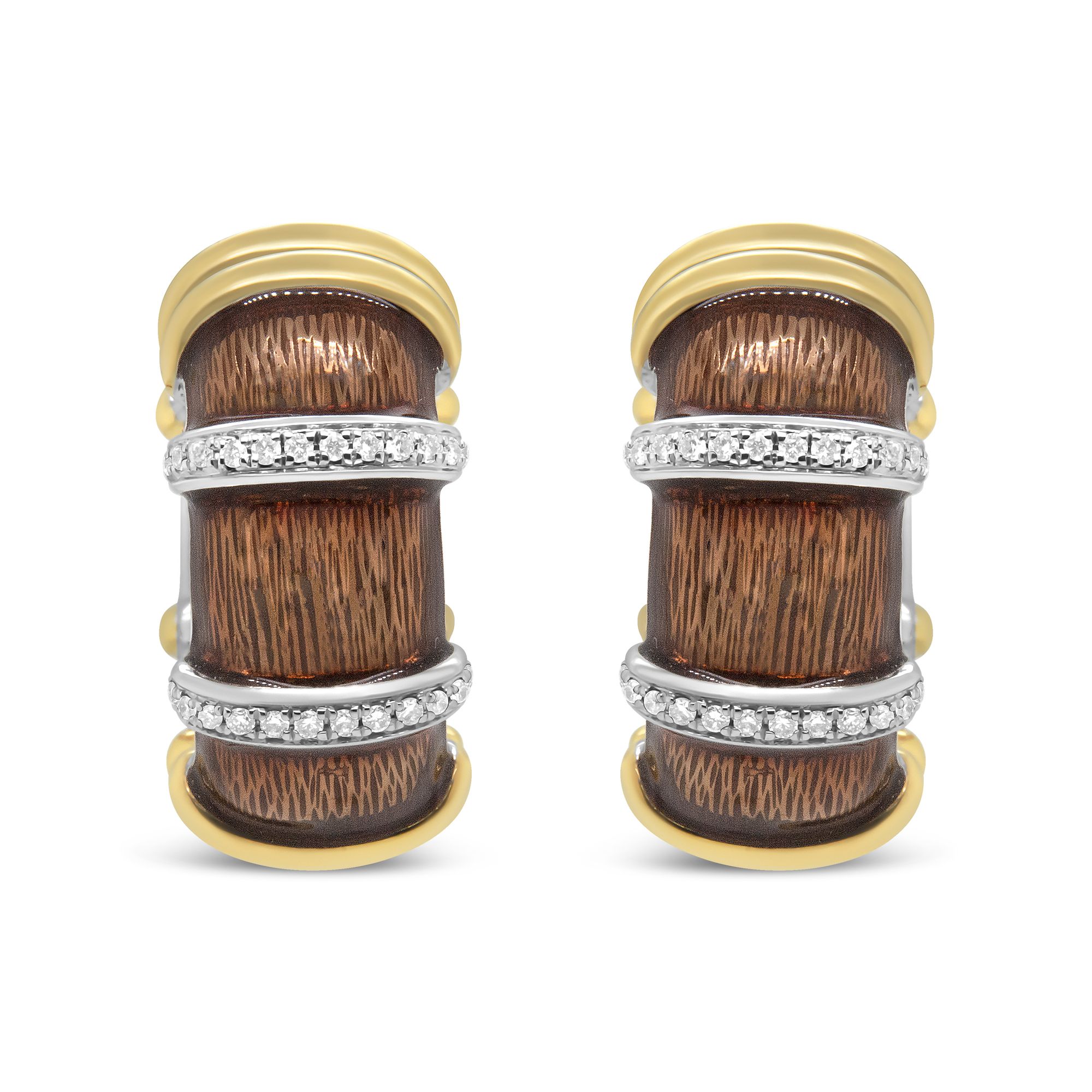 18K Gelb und Weißgold Flash Plated .925 Sterling Silber Clear Brown Enamel 9 / 10 Cttw Round Diamonds Huggie Hoop Ohrringe (F-G - Farbe, VS1 - VS2 Klarheit)
