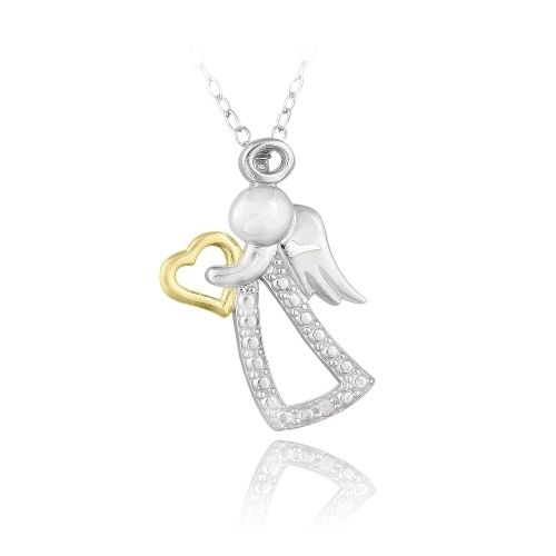 Sterling Silber Zwei Tone Diamant Akzent Angel & Herz Halskette