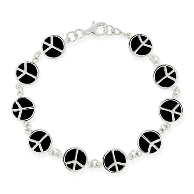 Sterling Silber schwarzer Email Friedenszeichen Armband
