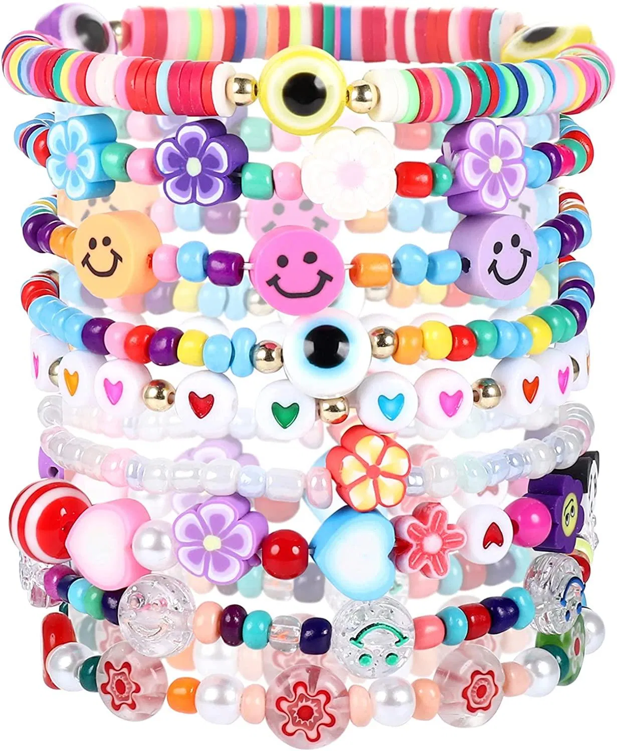 8pcs farbenfrohe Perlenarmbänder für Frauen süße Blumen Gesicht Charme Perle Heishi Samen Stretch Armband Handgemachte Regenbogen Sommer Strand Accessoire