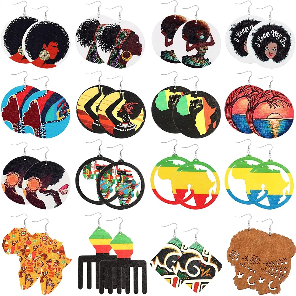 16 Paare Afrikanische Karte Rund Holz Drop Ohrringe für Frauen Ethnische gemalte Dangle Ohrringe
