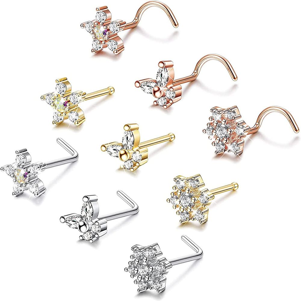 9Pcs 20G L Shape Knochen Schraube Nasen Studs Bling CZ Schneeflocken Blume Schmetterling Nasen Ringe für Frauen Silber Gold Rose Gold chirurgische Nasen Piercing Schmuck