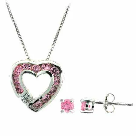 Sterling Silber Pink cz Herz Anhänger und Stud Ohrringe Set