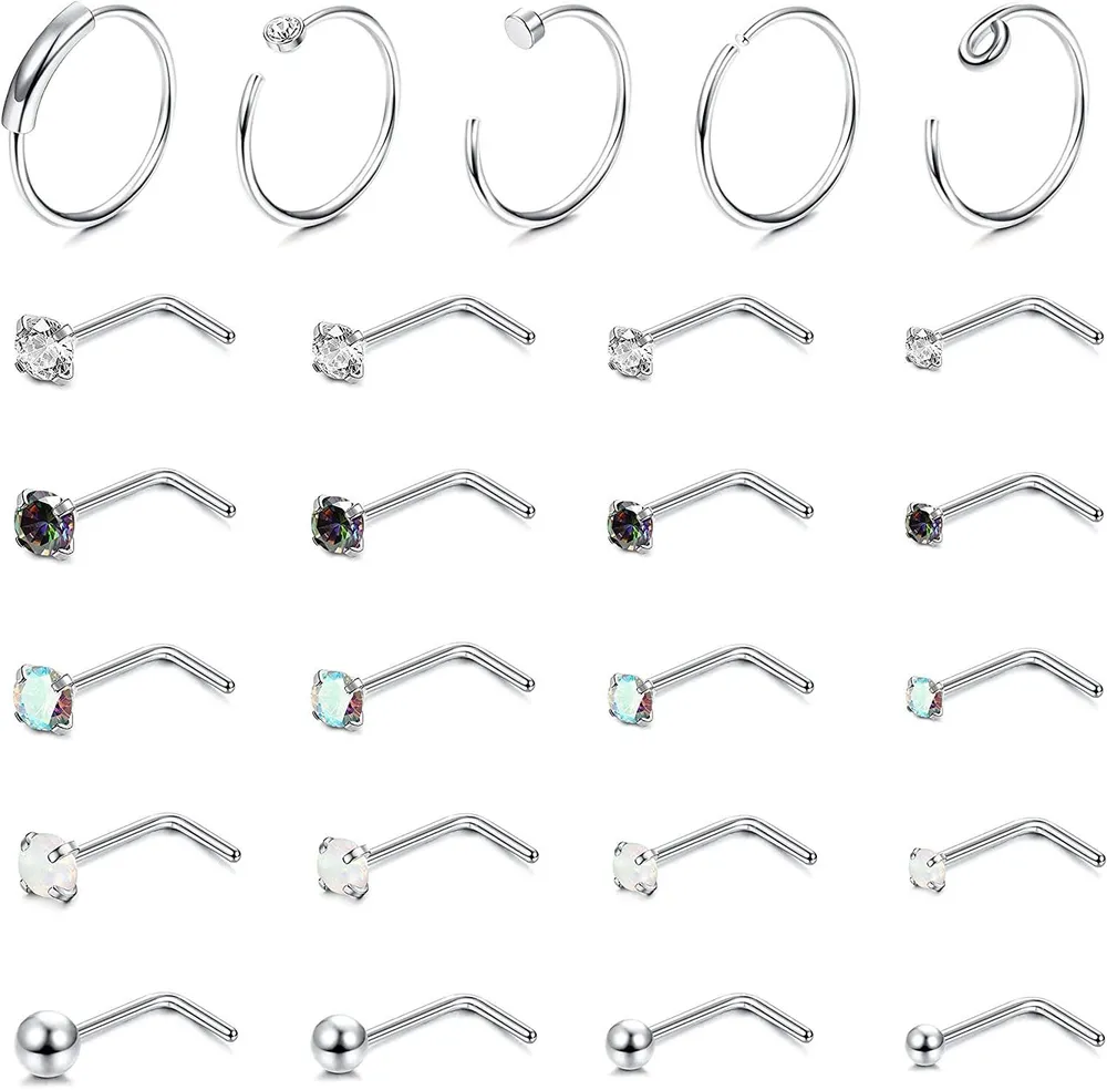 25PCS Nasenring Studs; Edelstahl Nasenringe Hoop Knochen Schraube L-förmige Nasen Studs Tragus Knorpel Helix Ohrringe Hoop Nasen Piercing für Frauen