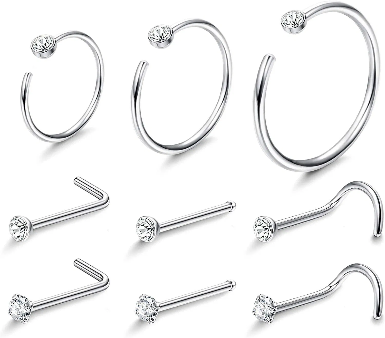 22G 9Pcs kleine Nasenringe Krümmel Kristalle aus Österreich Edelstahl L-förmige Korkschraube Nasenringe Helix Piercings Hoop Body Set Knorpel Ohrringe Hoop Tragus