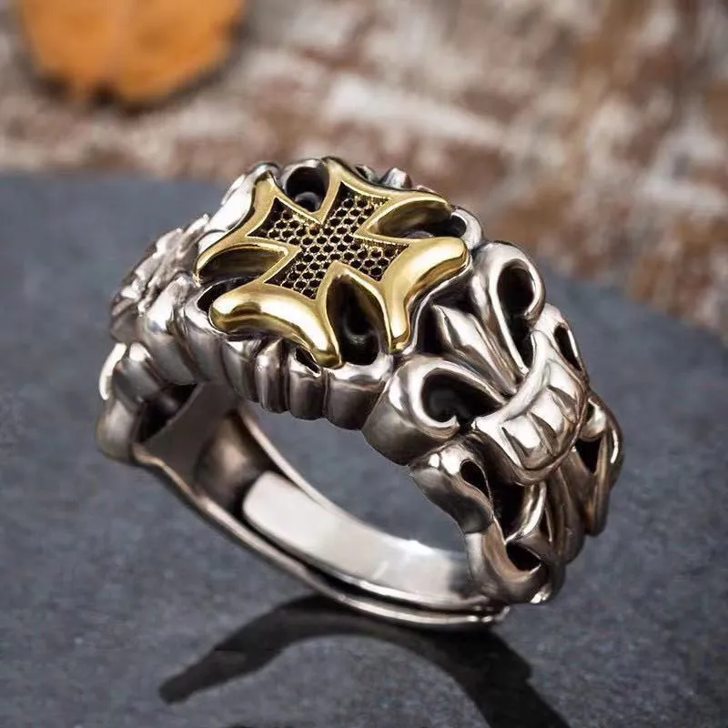 S925 Silver Punk Men 's Cross Ring Anchor Flower