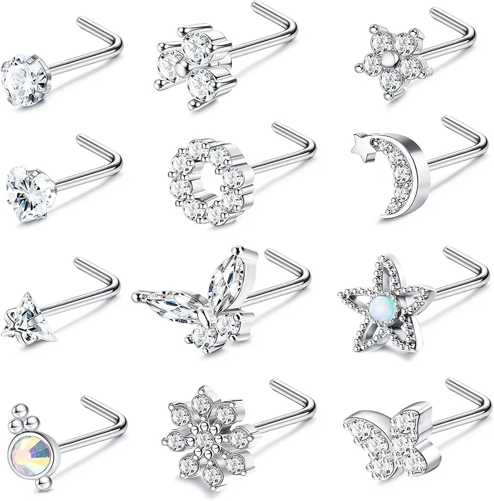 12Pcs 20G Nasenring Stud Edelstahl L-Form Nasen Ringe Schraube Nasen Studs Kubik Zirkonia Schmetterling Nasen Piercing Schmuck für Frauen Männer