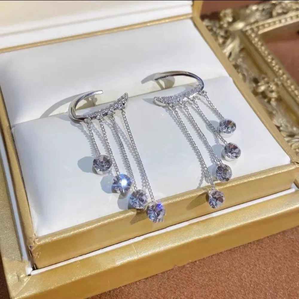 Frauen Mode Silber Nadel Rhinestone Tassel Ohrringe
