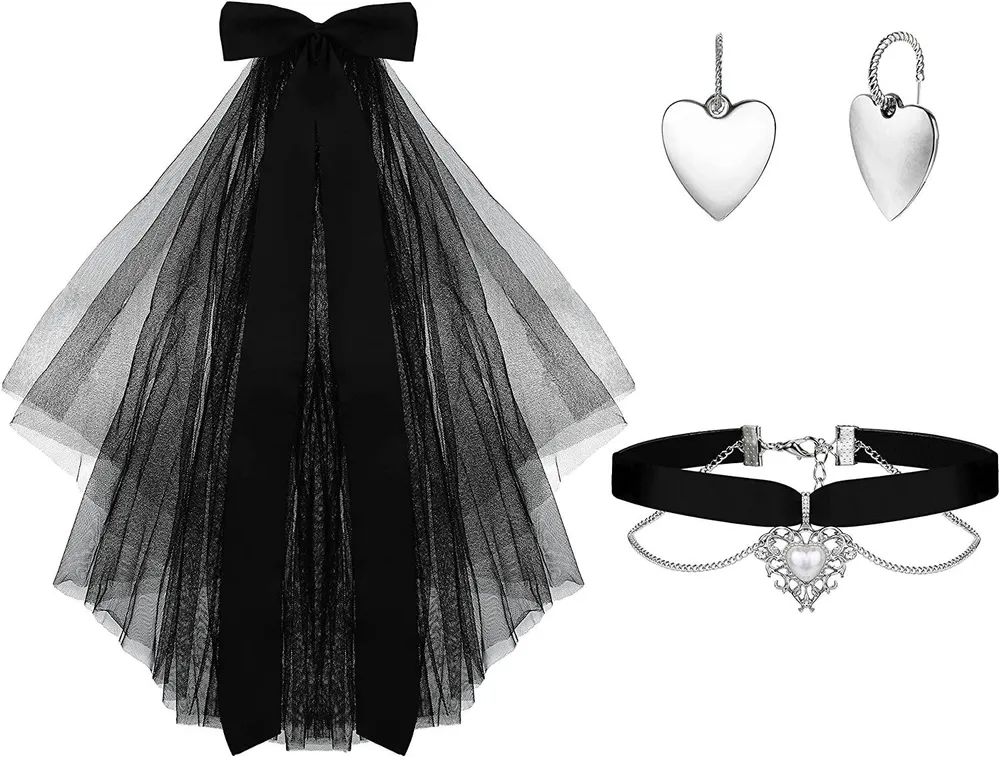3pcs Schwarzer Teufel Prinzessin Set mit schwarzen Schleier Haar Accessoires; Vintage Rhinestone & Silber Herz Dangle Hoop Ohrringe; Lace Rose & Pearl Herz Anhänger Choker Halskette Lolita Halloween Kostüm für Frauen