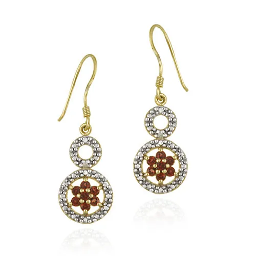 18 Karat Gold über Sterling Silber Garnet & Diamant Akzent Doppelkreis und Blumen Ohrringe