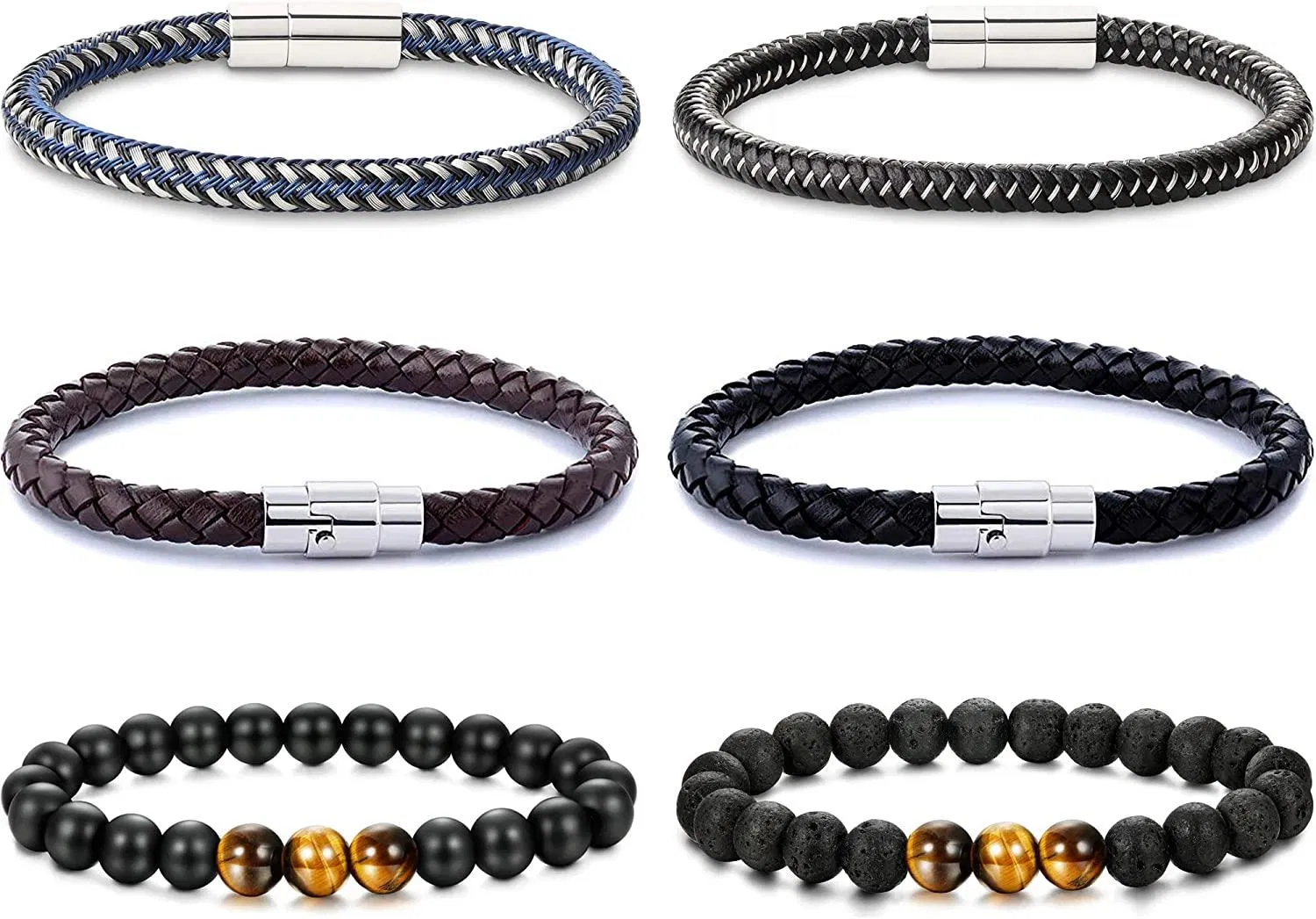 Tiger Eye Lava Rock Stone Yoga Armband Armband für Männer Frauen Edelstahl geflochten Leder Armband mit magnetischem Schloss 8 Zoll Packung von 6