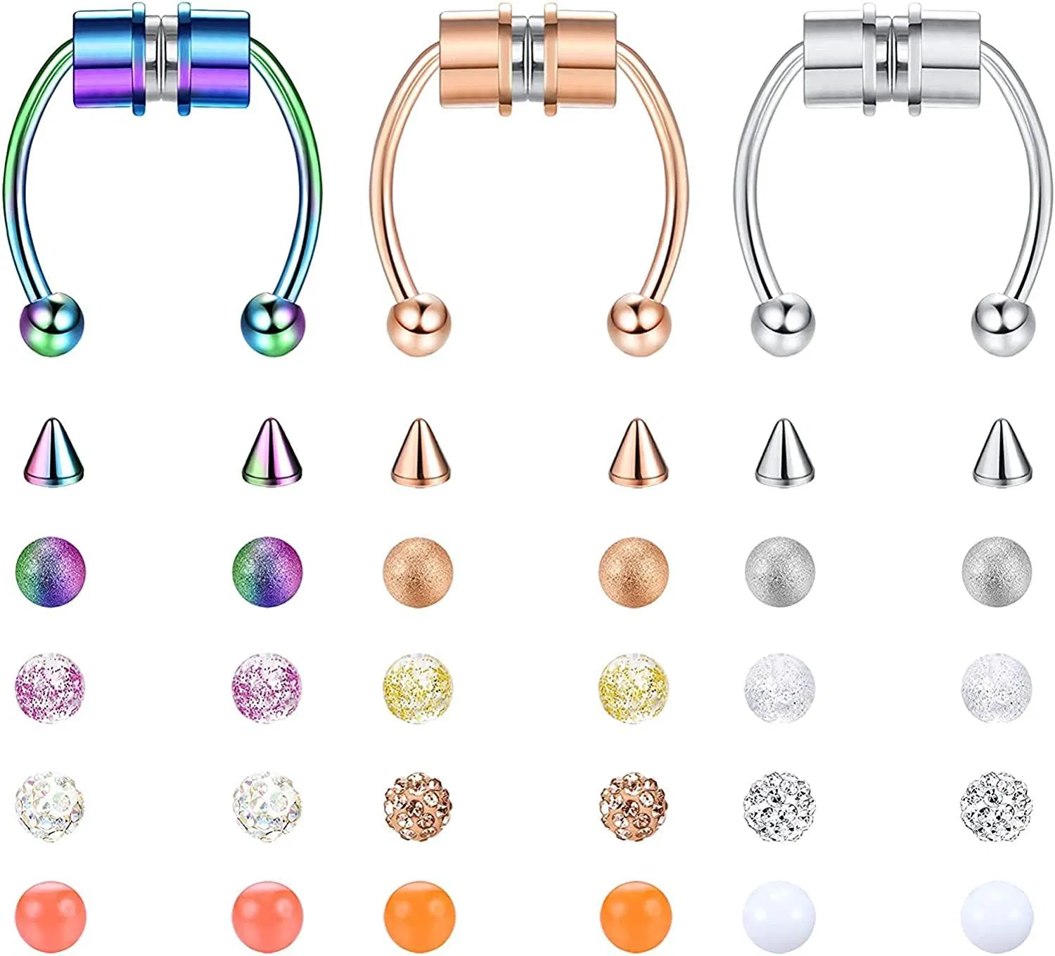 16G Faux Fake Nose Ring Hoop Magnetic Septum Nose Ring Hufeisen für Frauen Männer Edelstahl Nicht-Pierced Clip auf Nasen Hoop Ringe Mehrverwendbare Nasen Manschette mit Ersatz Spikes