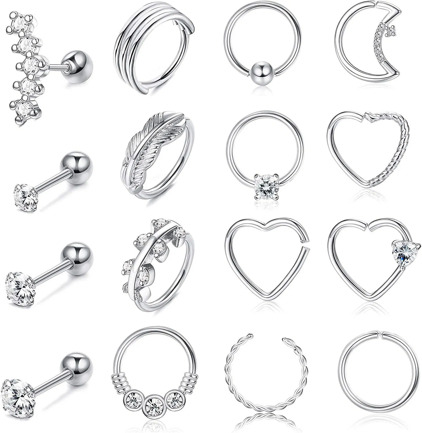 16 Stück 16g Nasenring Hoop Knorpel Ohrringe Studs für Frauen Vorwärts Helix Ohrring Hoop Rook Daith Conch Tragus Ohrringe Edelstahl Septum Piercing