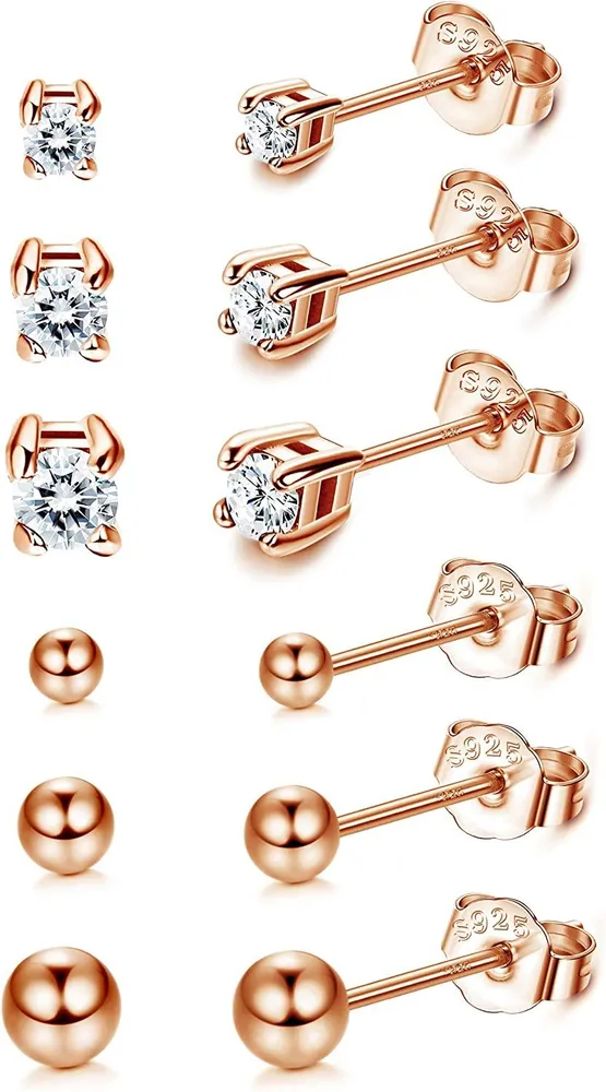 6 Paare Sterling Silber winzige Ball Stud Ohrringe für Frauen rund CZ Ohrringe Set
